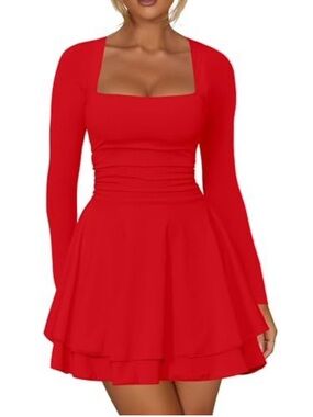 Elegant Red Square-Neck Long Sleeve Skater Dress